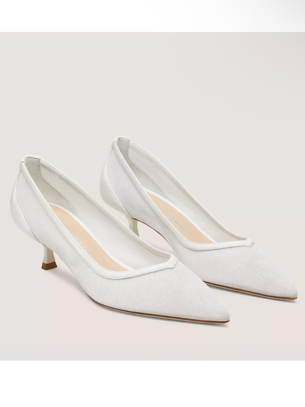 Stuart Weitzman Eva 50 Pump Pointed Toe White Sparkle Kitten Heels $525 MSRP 5.5